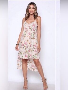 🌸New Summer Lightweight Cream Floral High Low Breezy Lace Detail Summer Dress🌸